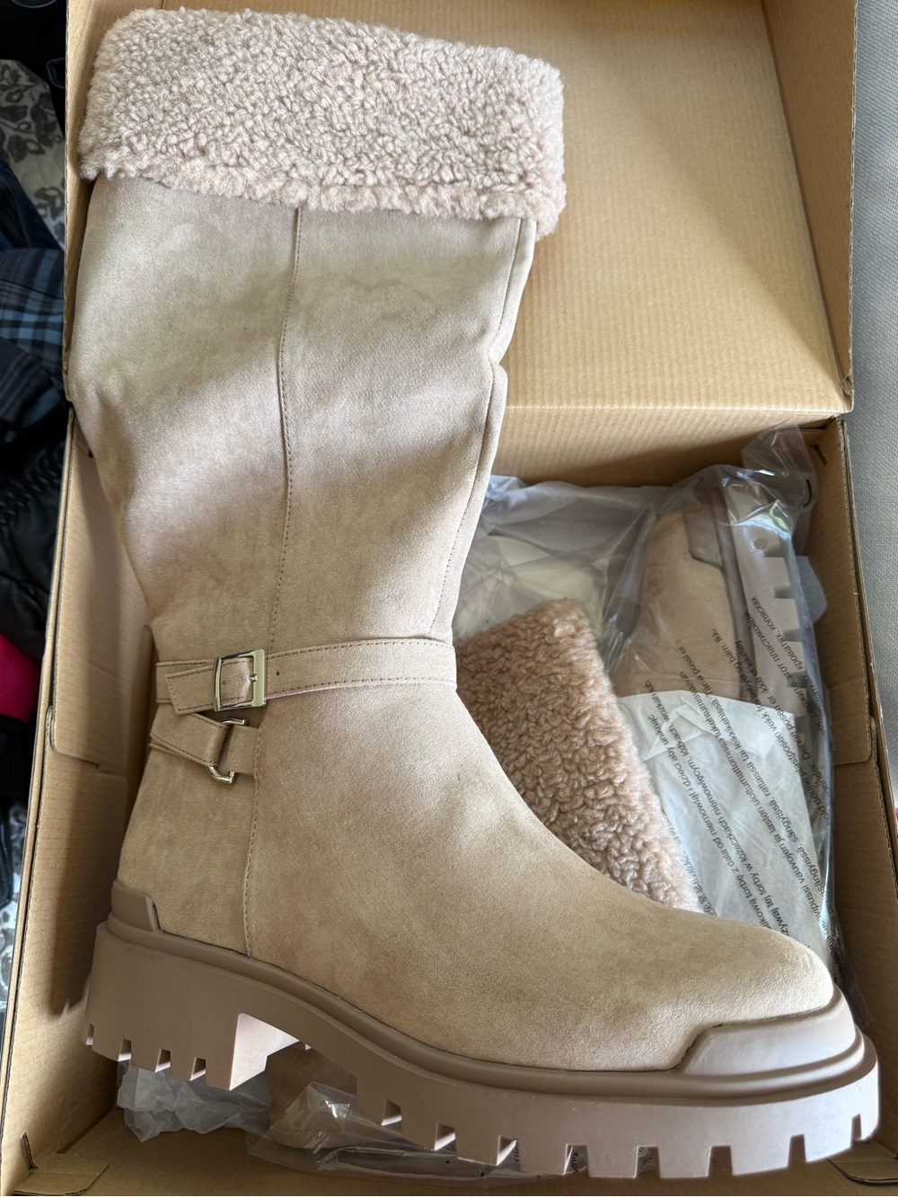 Shoe Dazzle Cream Faux-Suede Shearling Cuff Knee Boots
